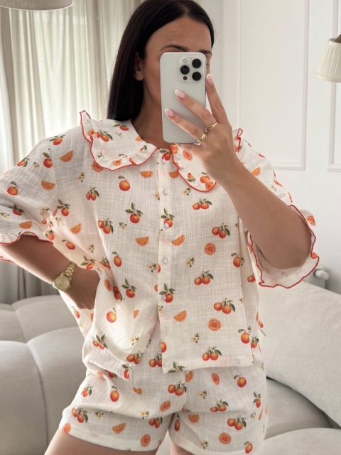 PIŻAMA DAMSKA Z FALBANKAMI MANDARYNKI KRÓTKI RĘKAW