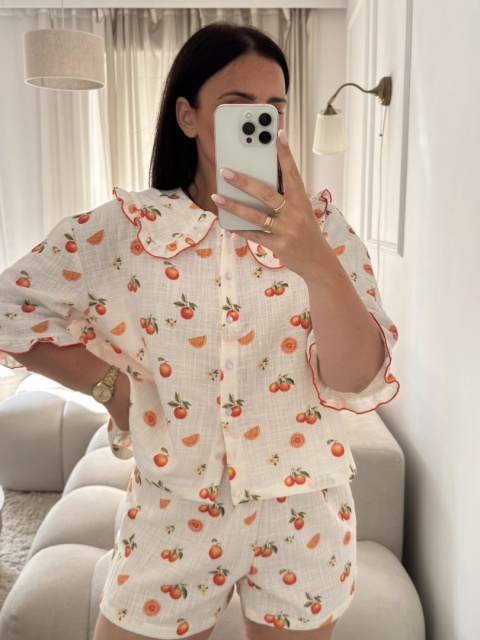 PIŻAMA DAMSKA Z FALBANKAMI MANDARYNKI KRÓTKI RĘKAW