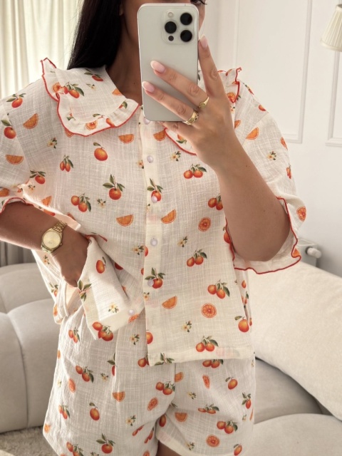 PIŻAMA DAMSKA Z FALBANKAMI MANDARYNKI KRÓTKI RĘKAW