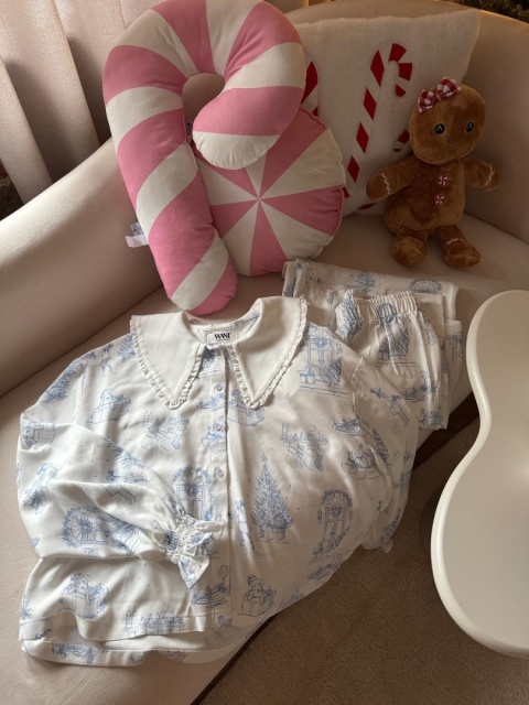 PIŻAMA ŚWIĄTECZNA Z KOŁNIERZYKIEM SPODNIE LUNA BLUE