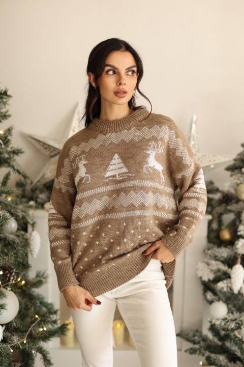 SWETER CHRISTMAS DEER MOKKA/BIAŁY