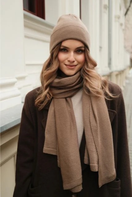 Szal damski PENELOPE – 100% wełny merino – camel